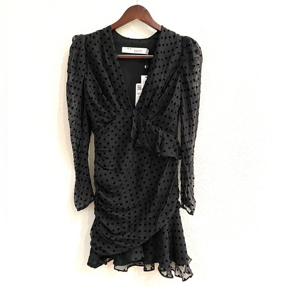 NWT IRO Flocked Silk Puff Sleeve Asymmetrical Ruffled Dress LBD Size 34 - Picture 11 of 16